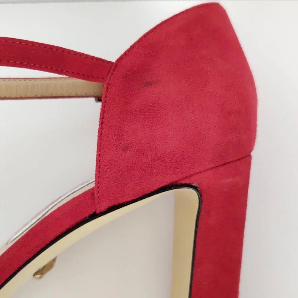 Crimson red suede ankle strap platform pump
